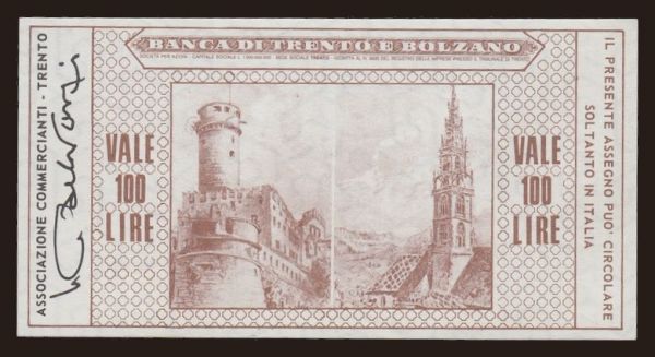 Európa, Olaszország, Olaszország - Miniassegni, 1977: Banca di Trento e Bolzano, 100 lire, 1976