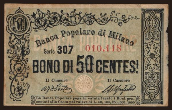 Europe, Italy, Italy - Local issues 1798-1920: Banco Popolare di Milano, 50 centesimi, 187?