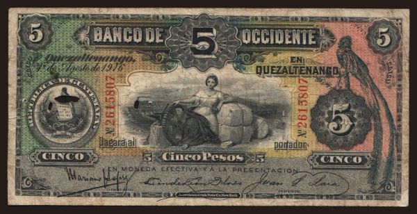 Amerika, Guatemala: Banco de Occidente, 5 pesos, 1916