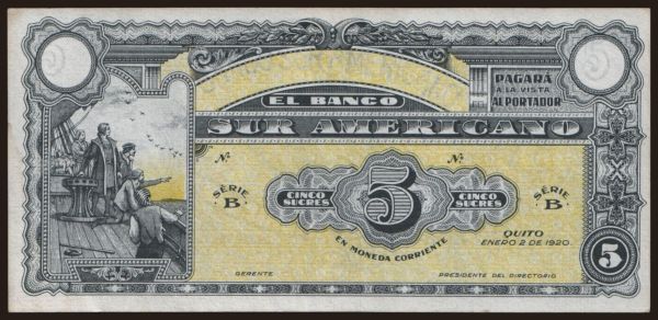 Amerika, Ecuador: Banco sur Americano, 5 sucres, 1920