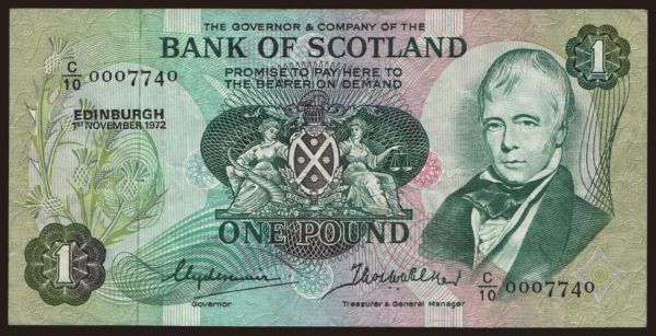 Európa, Spojené Kráľovstvo, Škótsko: Bank of Scotland, 1 pound, 1972