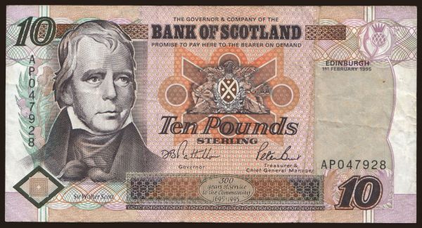 Europe, United Kingdom, Scotland: Bank of Scotland, 10 pounds, 1995