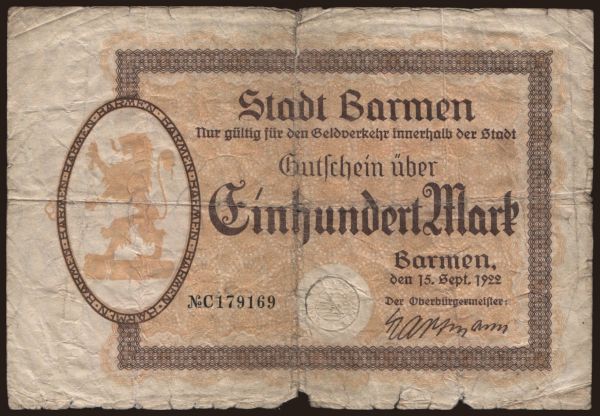 Nemecko, Grossgeld, Inflation, 1922: Barmen/ Stadt, 100 Mark, 1922