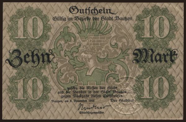 Nemecko, Grossgeld, Inflation, 1918-1920: Bautzen/ Stadt, 10 Mark, 1918