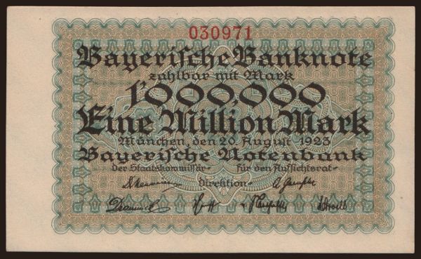 Németország, Länderbanknoten, 1871-1935: Bayerische Notenbank, 1.000.000 Mark, 1923