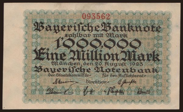 Németország, Länderbanknoten, 1871-1935: Bayerische Notenbank, 1.000.000 Mark, 1923