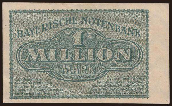 Németország, Länderbanknoten, 1871-1935: Bayerische Notenbank, 1.000.000 Mark, 1923