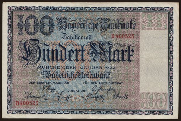 Nemecko, Länderbanknoten, 1871-1935: Bayerische Notenbank, 100 Mark, 1922