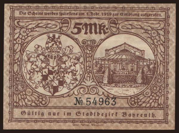 Germany, Grossgeld, Inflation, 1918-1920: Bayreuth/ Stadt, 5 Mark, 1918