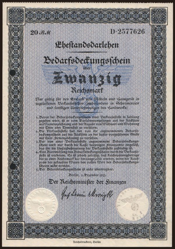 Nemecko, Rôzne: Bedarfsdeckungsschein, 20 Reichsmark, 1933