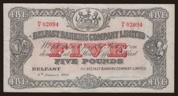 Európa, Egyesült Királyság, Észak-Írország: Belfast Banking Company, 5 pounds, 1966