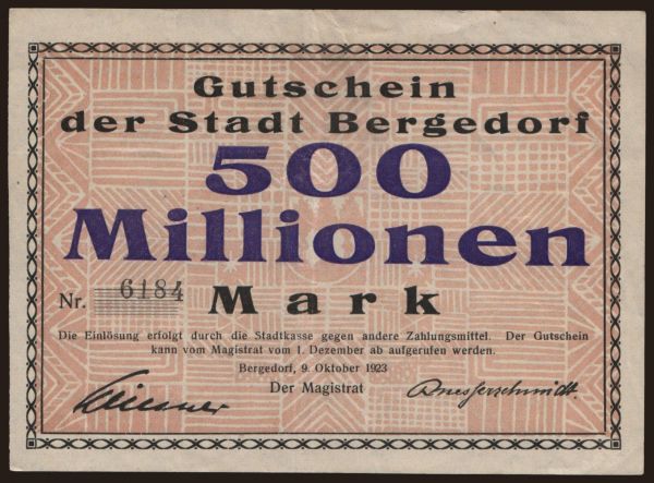 Germany, Grossgeld, Inflation, 1923: Bergedorf/ Stadt, 500.000.000 Mark, 1923