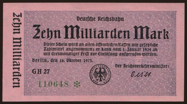 Germany, Deutsche Reichsbahn / Reichspost: Berlin, 10.000.000.000 Mark, 1923