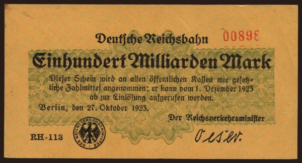 Németország, Deutsche Reichsbahn / Reichspost: Berlin, 100.000.000.000 Mark, 1923