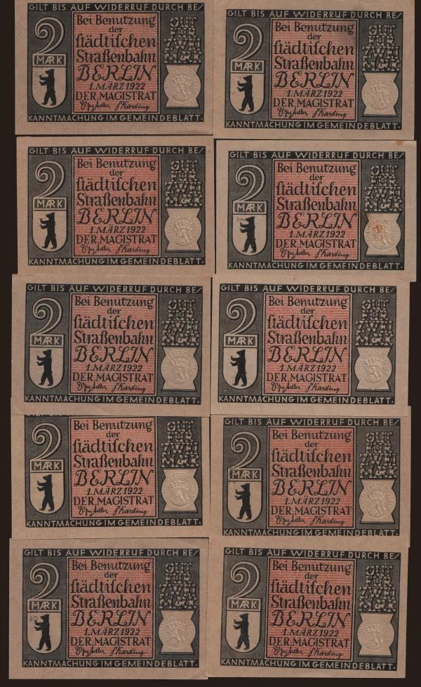 Németország, Serienscheine, 1921-1922: Berlin, 10x 2 Mark, 1922