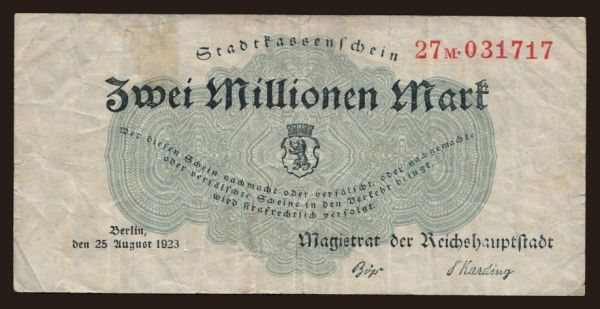 Nemecko, Grossgeld, Inflation, 1923: Berlin/ Magistrat der Reichshauptstadt, 2.000.000 Mark, 1923