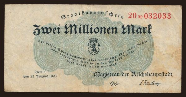 Németország, Grossgeld, Inflation, 1923: Berlin/ Magistrat der Reichshauptstadt, 2.000.000 Mark, 1923