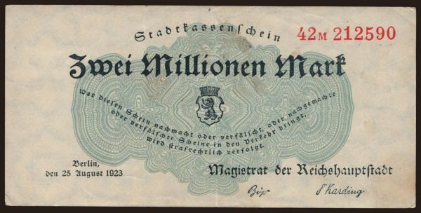 Németország, Grossgeld, Inflation, 1923: Berlin/ Magistrat der Reichshauptstadt, 2.000.000 Mark, 1923