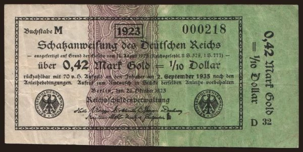 Germany, Goldmark, Goldpfennig, Dollar 1923: Berlin/ Schatzanweisungen des Deutsches Reichs, 0.42 Mark Gold, 1923