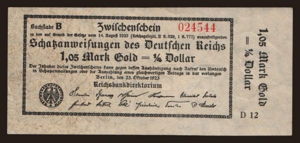 Germany, Goldmark, Goldpfennig, Dollar 1923: Berlin/ Schatzanweisungen des Deutsches Reichs, 1.05 Mark Gold, 1923