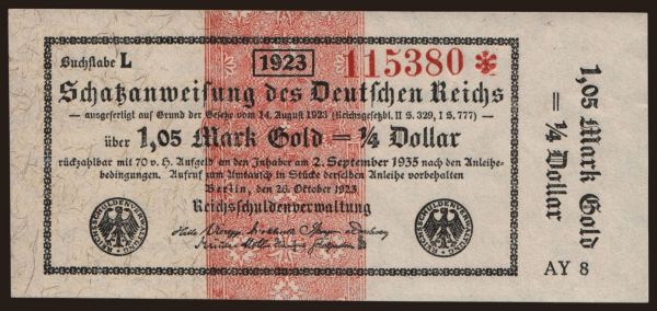 Germany, Goldmark, Goldpfennig, Dollar 1923: Berlin/ Schatzanweisungen des Deutsches Reichs, 1.05 Mark Gold, 1923