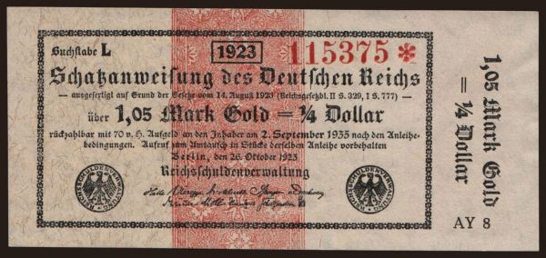 Germany, Goldmark, Goldpfennig, Dollar 1923: Berlin/ Schatzanweisungen des Deutsches Reichs, 1.05 Mark Gold, 1923