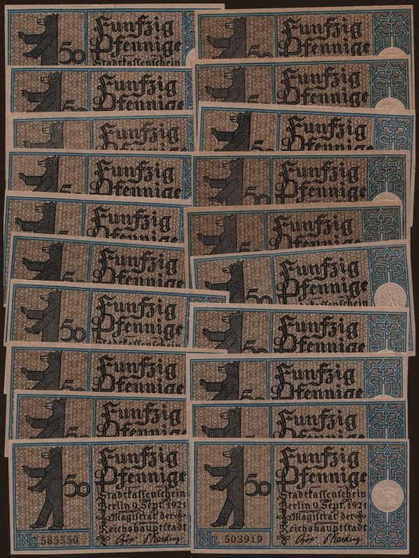 Nemecko, Serienscheine, 1921-1922: Berlin Stadtbezirke, 20x 50 Pfennig, 1921