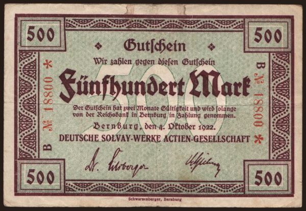 Nemecko, Grossgeld, Inflation, 1922: Bernburg/ Deutsche Solvay-Werke, 500 Mark, 1922