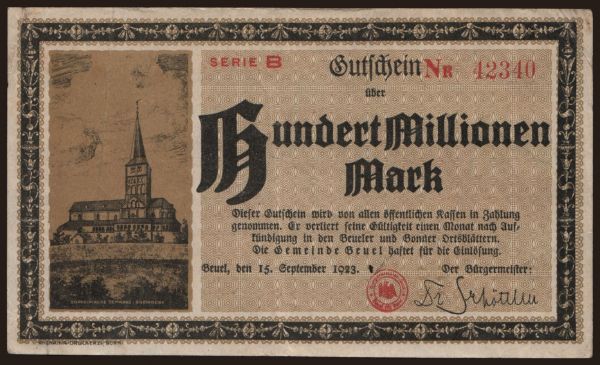 Németország, Grossgeld, Inflation, 1923: Beuel/ Stadt, 100.000.000 Mark, 1923