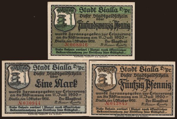 Nemecko, Serienscheine, 1921-1922: Bialla, 3x 25 Pfennig - 1 Mark, 1920