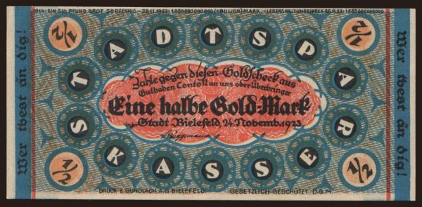 Germany, Goldmark, Goldpfennig, Dollar 1923: Bielefeld, 1/2 Goldmark, 1923