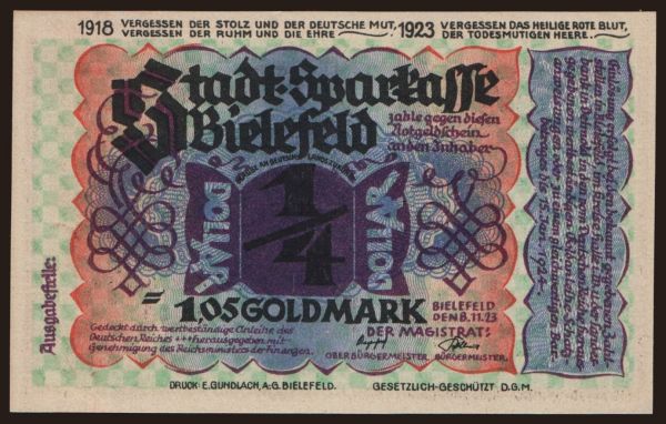 Germany, Goldmark, Goldpfennig, Dollar 1923: Bielefeld, 1.05 Goldmark, 1923