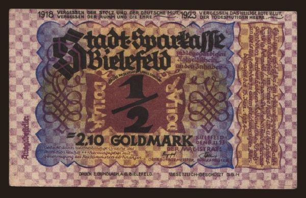 Németország, Goldmark, Goldpfennig, Dollar 1923: Bielefeld, 2.10 Goldmark, 1923