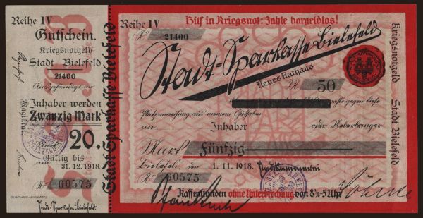 Germany, Grossgeld, Inflation, 1918-1920: Bielefeld/ Stadt, 70 Mark, 1918