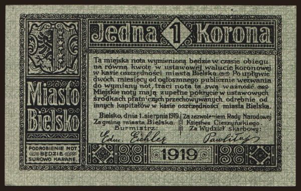 Európa, Polsko, Polsko - Núdzovky: Bielsko, 1 korona, 1919