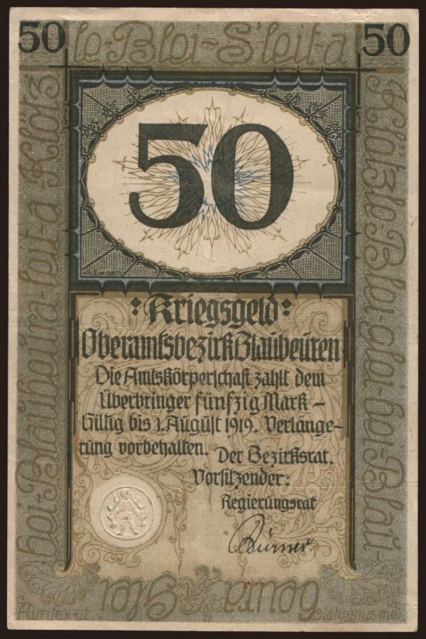 Nemecko, Grossgeld, Inflation, 1918-1920: Blaubeuren/ Amstkörperschaft, 50 Mark, 1918