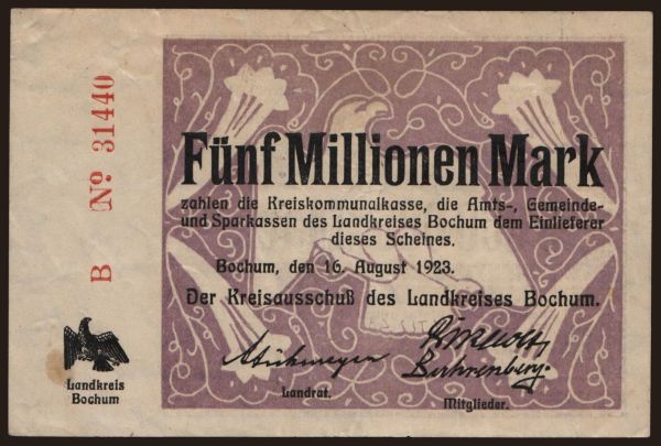 Germany, Grossgeld, Inflation, 1923: Bochum/ Landkreis, 5.000.000 Mark, 1923