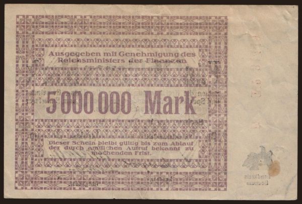 Germany, Grossgeld, Inflation, 1923: Bochum/ Landkreis, 5.000.000 Mark, 1923