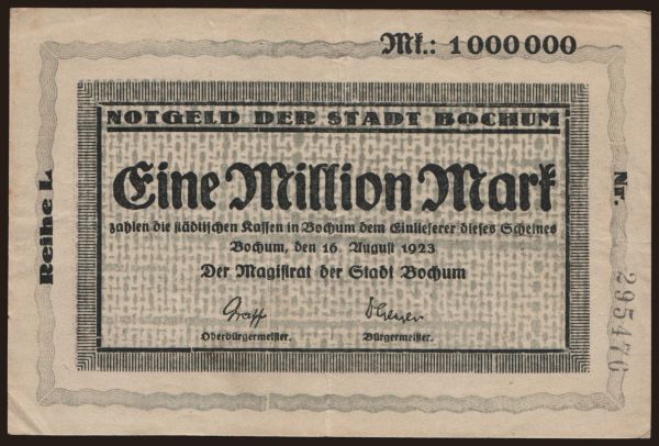 Nemecko, Grossgeld, Inflation, 1923: Bochum/ Stadt, 1.000.000 Mark, 1923