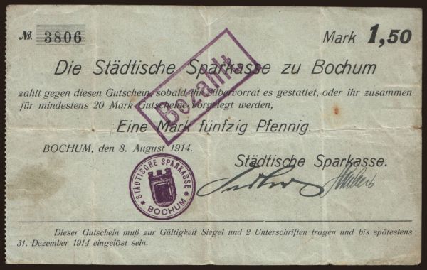 Germany, Notgeld, 1914-1915: Bochum/ Städtische Sparkasse, 1.50 Mark, 1914