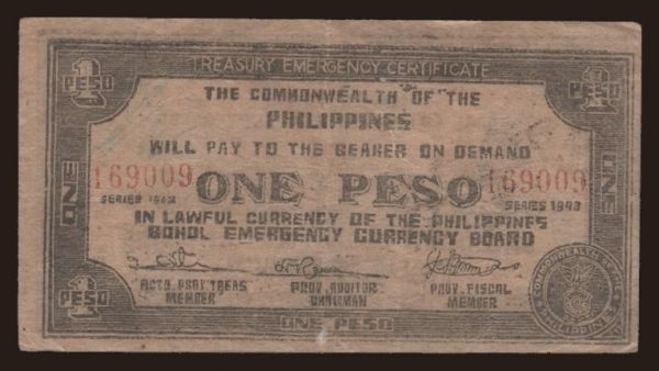 Asia, Philippines, Philippines - Emergency issues: Bohol, 1 peso, 1942