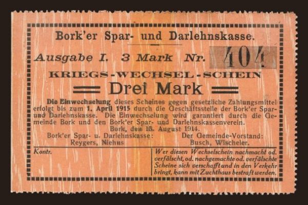 Nemecko, Notgeld, 1914-1915: Bork/ Borker Spar- und Darlehnskasse, 2 Mark, 1914