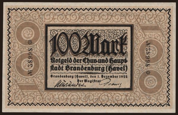 Németország, Grossgeld, Inflation, 1922: Brandenburg/ Stadt, 100 Mark, 1922