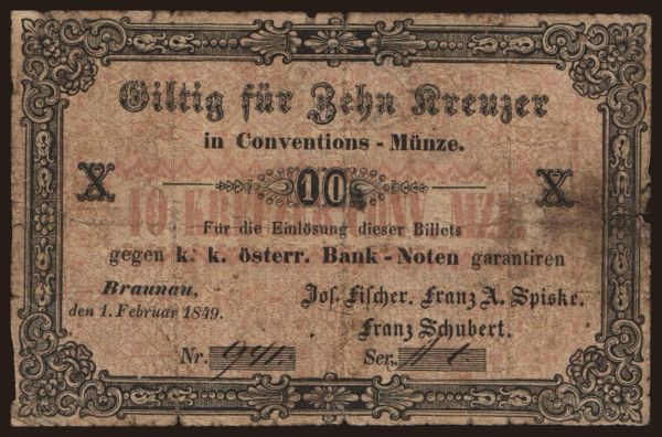 Ausztria és Osztrák-Magyar Monarchia, Szükségpénzek (1800-1900): Braunau/ Fischer, Spiske, Schubert, 10 Kreuzer, 1849