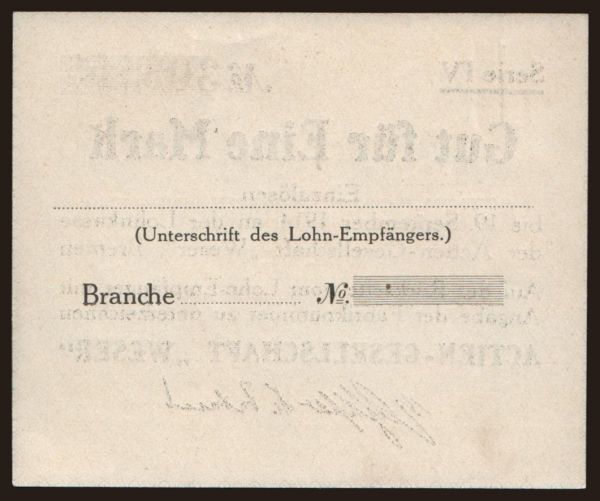 Germany, Notgeld, 1914-1915: Bremen/ Actien-Gesellschaft Weser, 1 Mark, 1914