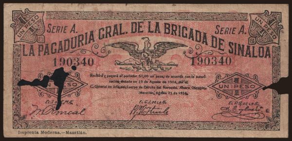 Amerika, Mexico: Brigada de Sinaloa, 1 peso, 1914