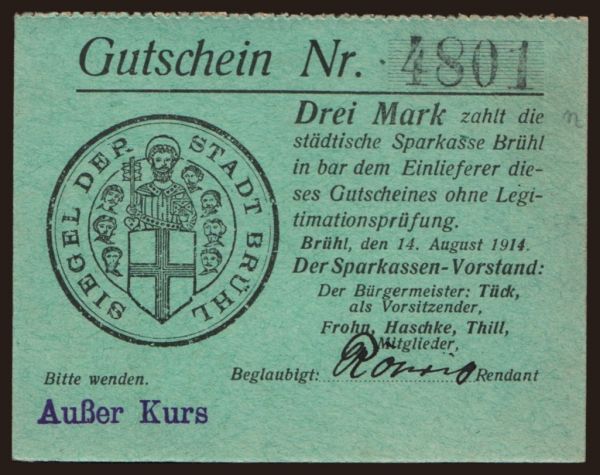 Németország, Notgeld, 1914-1915: Brühl/ Städtische Sparkasse, 3 Mark, 1914