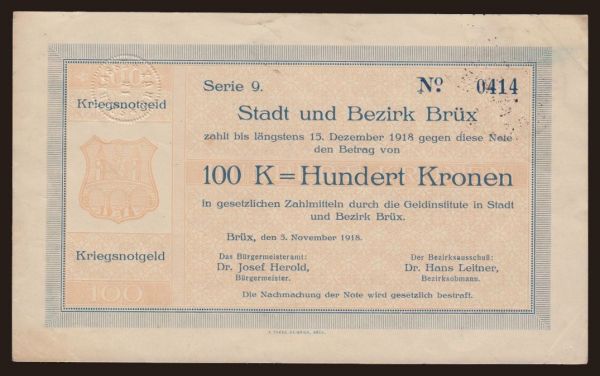 Czechoslovakia and successor states, Local issues: Brüx / Most, 100 kronen, 1918