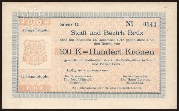 Csehszlovákia és utódállamai, Helyi kiadások: Brüx, 100 Kronen, 1918