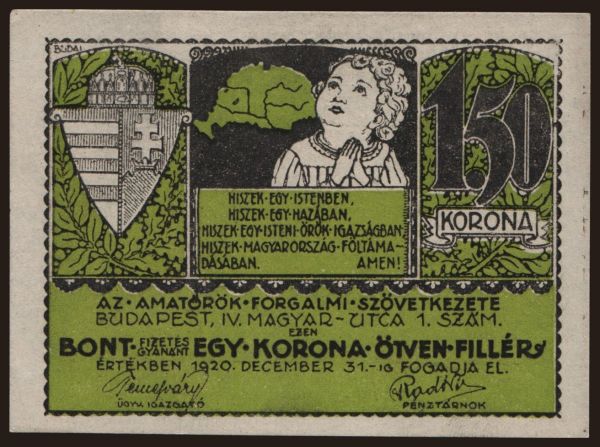 Magyarország, Helyi kiadások, 1900-1945: Budapest/ Amatőrök Forgalmi Szövetkezete, 1.50 korona, 1920